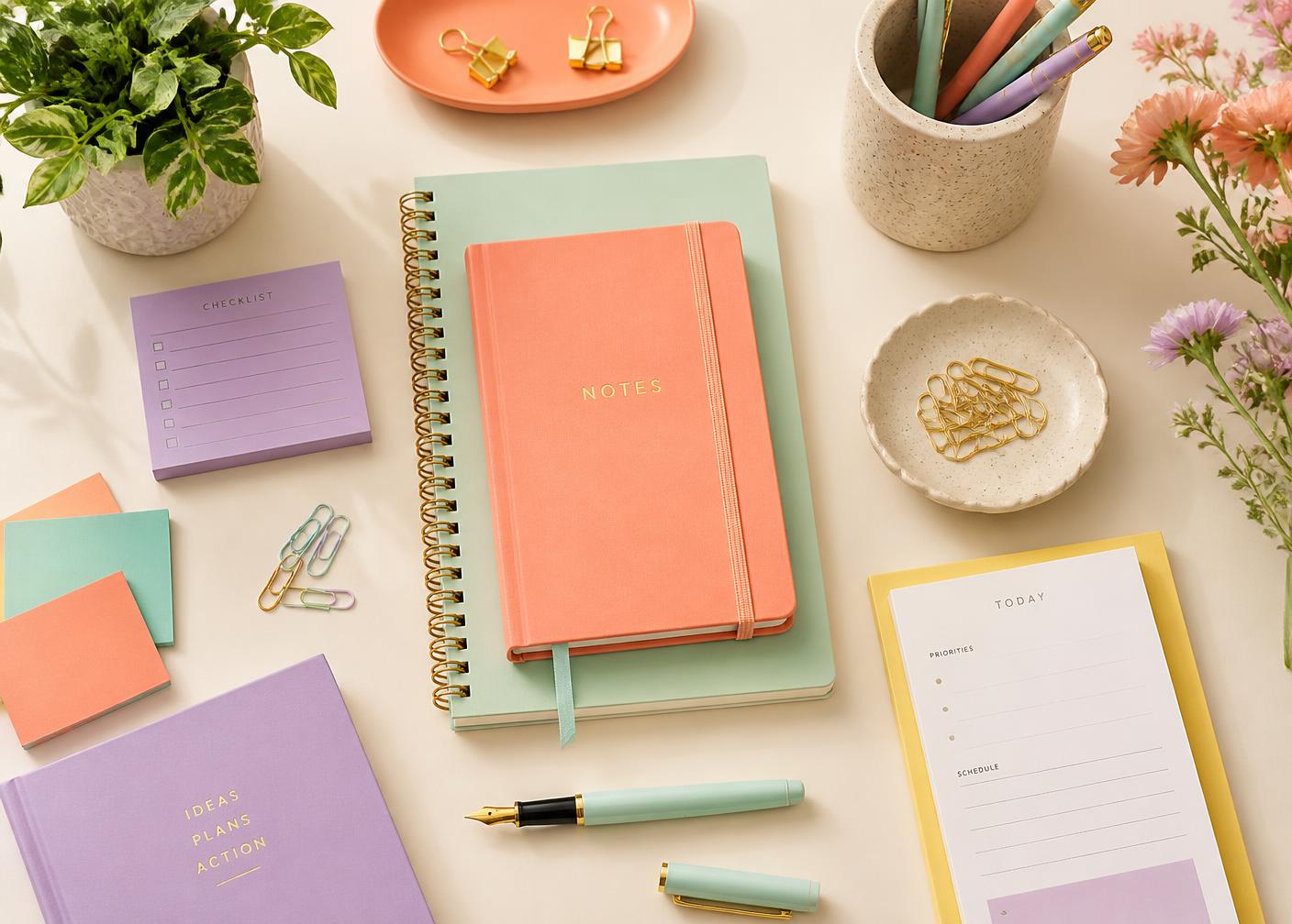 Bureau lumineux avec carnets, stylos et papeterie pastel